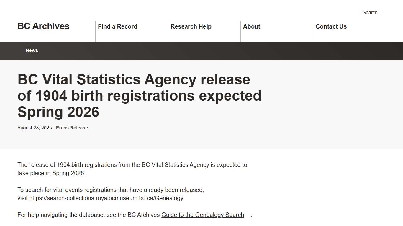 BC Vital Statistics Agency release of 1904 birth registrations expected Spring 2026 BC Archives