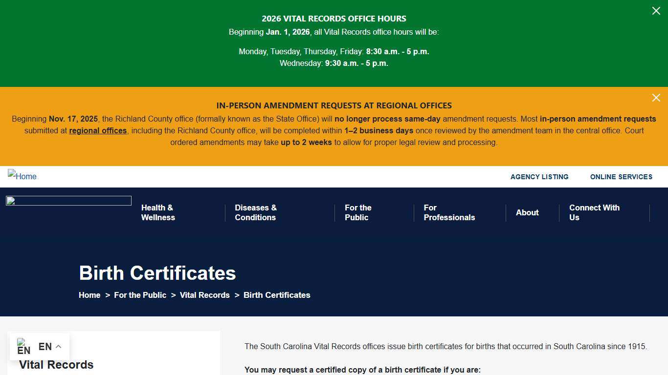 Birth Certificates South Carolina Department of Public Health